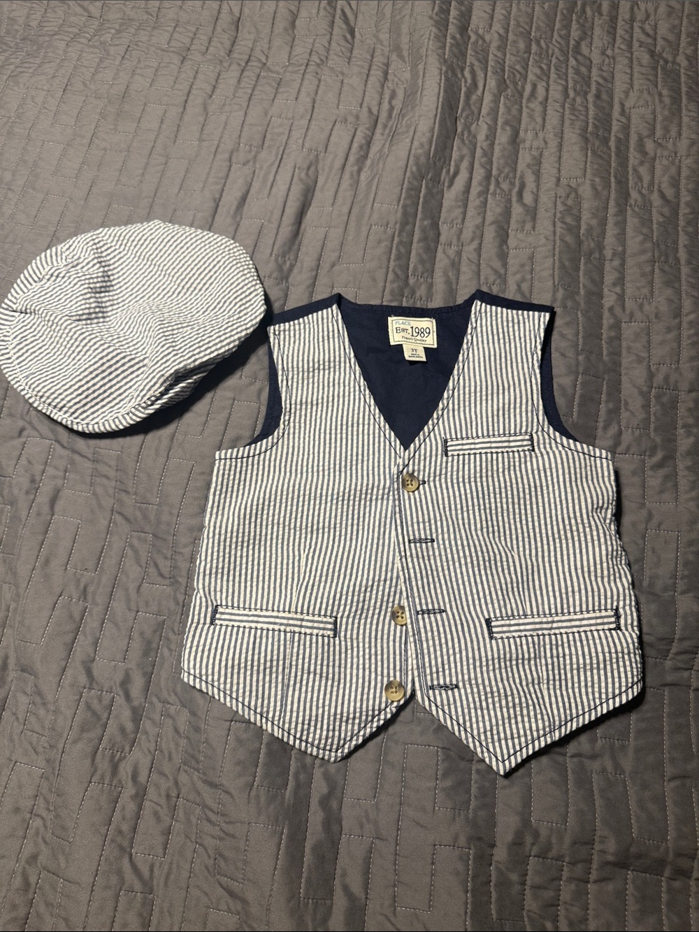 The Children's Place Navy & White Seersucker Vest and Cap